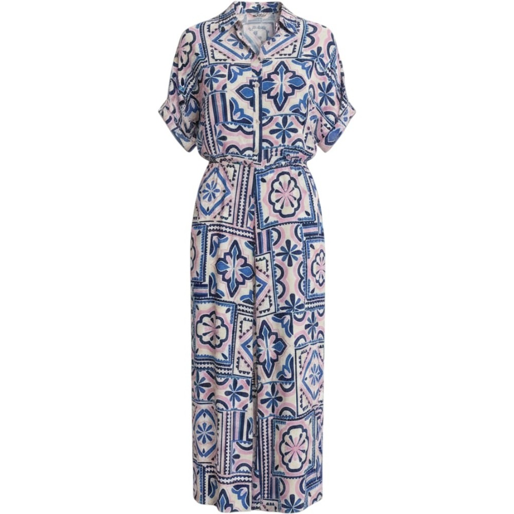 Zara Women Jumpsuit XS Blue Pink Geometric Tile Print Short Sleeve Wide Leg Boho
